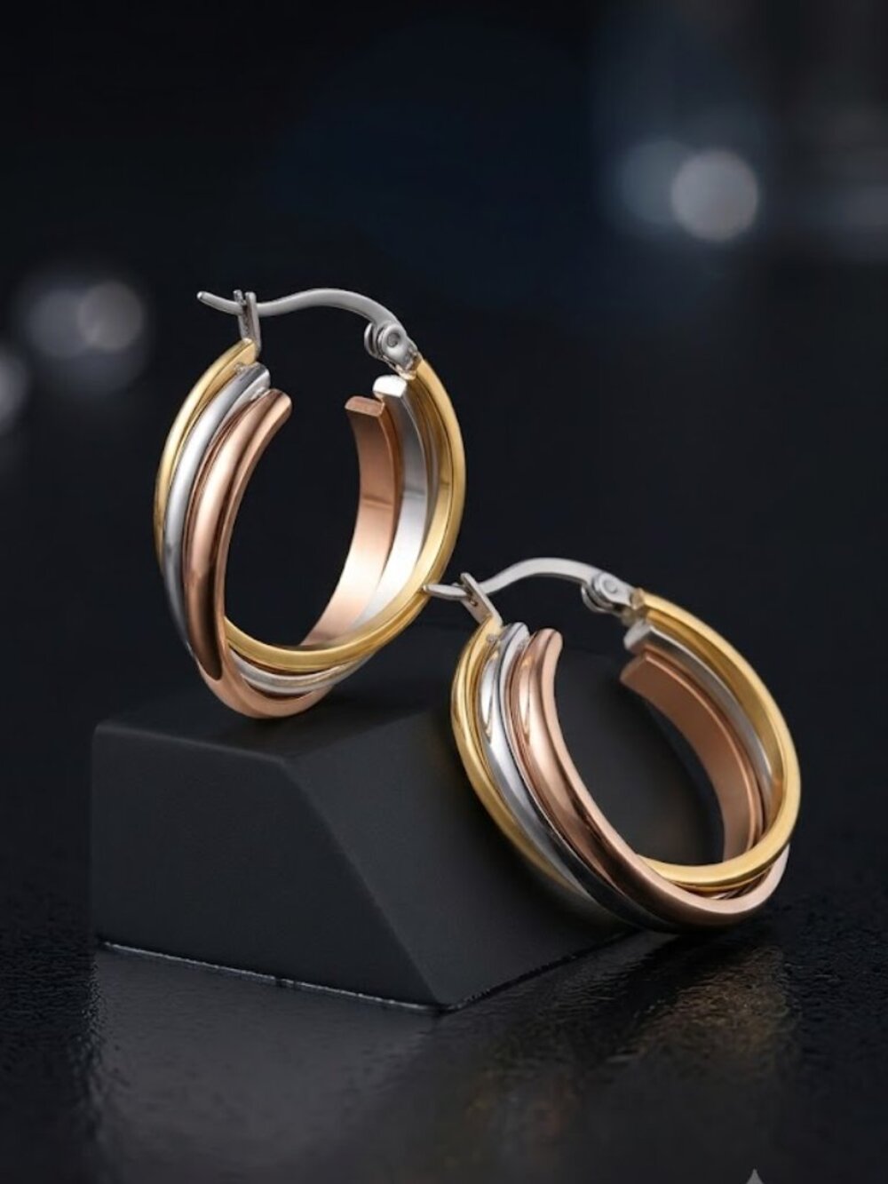 18K Gold Plated Tri Color Triple Hoop Earrings Rose Gold Silver Old Money 1"